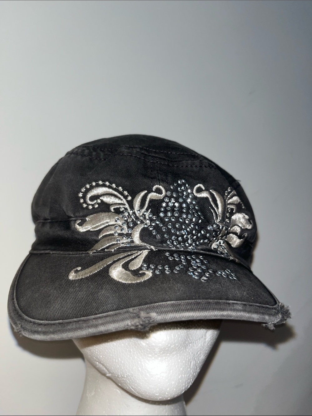 Y2K Distressed Black & Silver Embellished Adjustable Cap Hat
